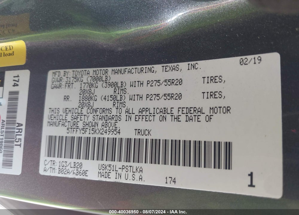 2019 TOYOTA TUNDRA VIN: 5TFFY5F15KX249954
