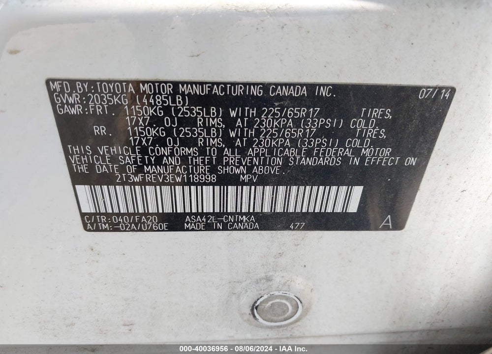 2014 TOYOTA RAV4 XLE VIN: 2T3WFREV3EW118998