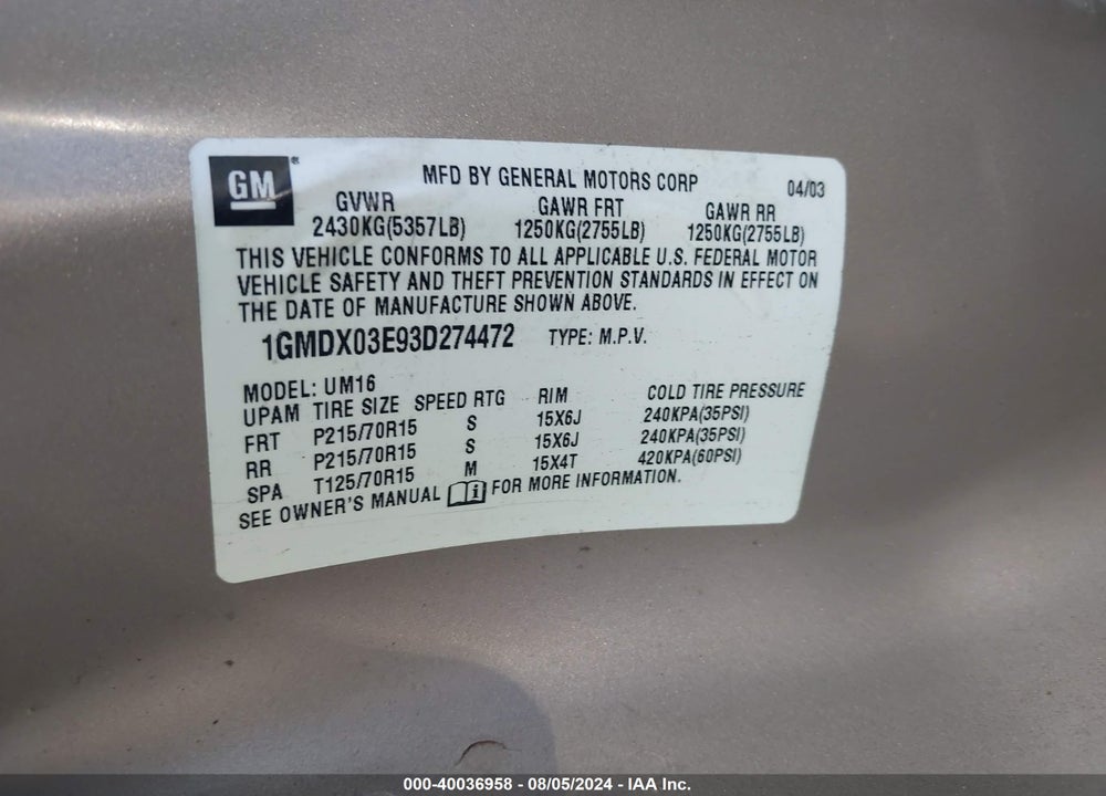 2003 PONTIAC MONTANA M16 W/1SA PKG. VIN: 1GMDX03E93D274472