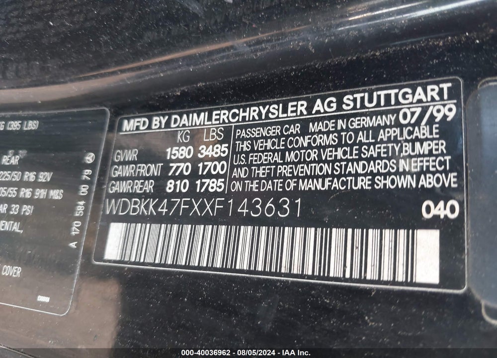 1999 MERCEDES-BENZ SLK 230 KOMPRESSOR VIN: WDBKK47FXXF143631