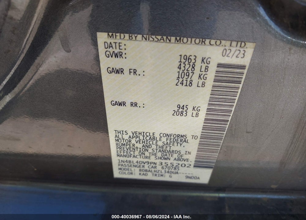 2023 NISSAN ALTIMA SV FWD VIN: 1N4BL4DV9PN355202