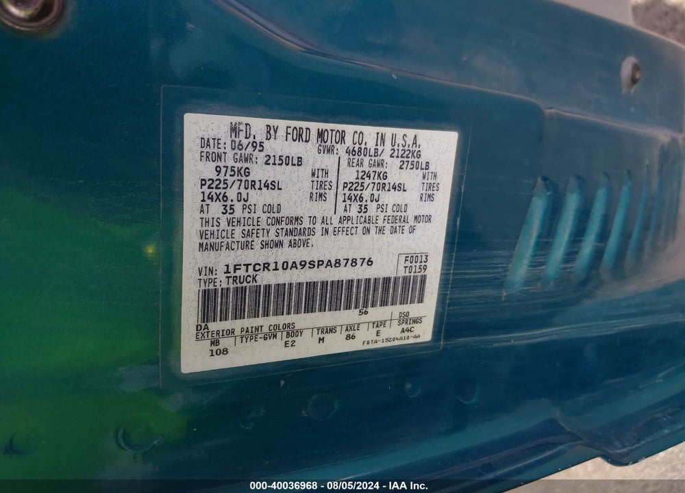 1995 FORD RANGER VIN: 1FTCR10A9SPA87876