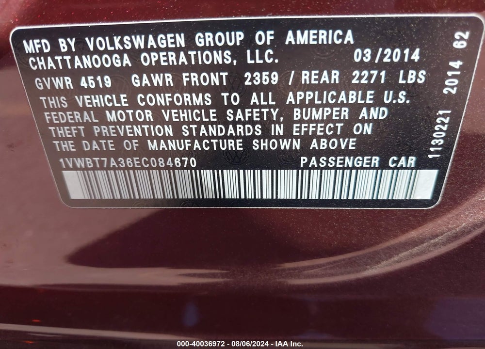 2014 VOLKSWAGEN PASSAT 1.8T SE VIN: 1VWBT7A36EC084670