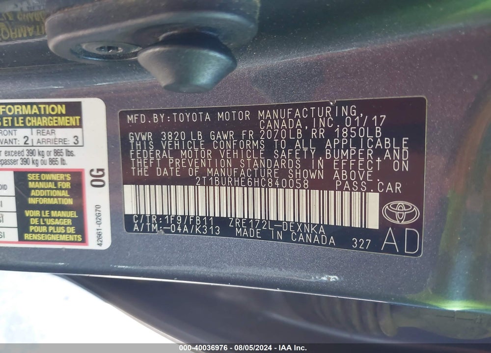 2017 TOYOTA COROLLA LE VIN: 2T1BURHE6HC840058
