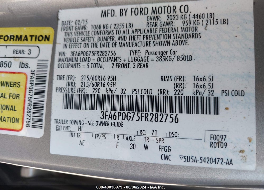 2015 FORD FUSION S VIN: 3FA6P0G75FR282756