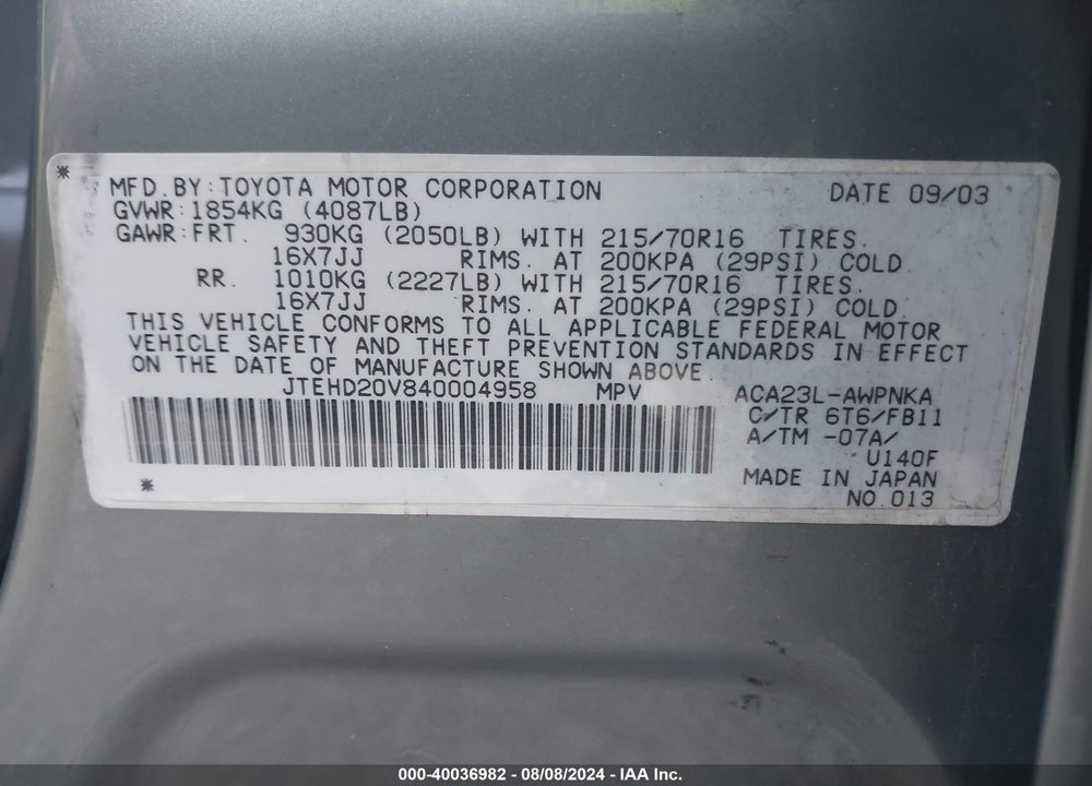 2004 TOYOTA RAV4 VIN: JTEHD20V840004958