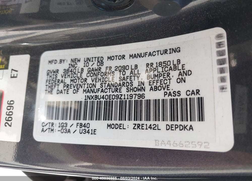 2009 TOYOTA COROLLA LE VIN: 1NXBU40E09Z119796