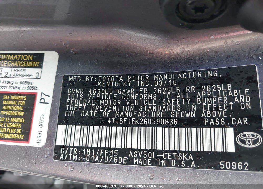 2016 TOYOTA CAMRY SE VIN: 4T1BF1FK2GU590836