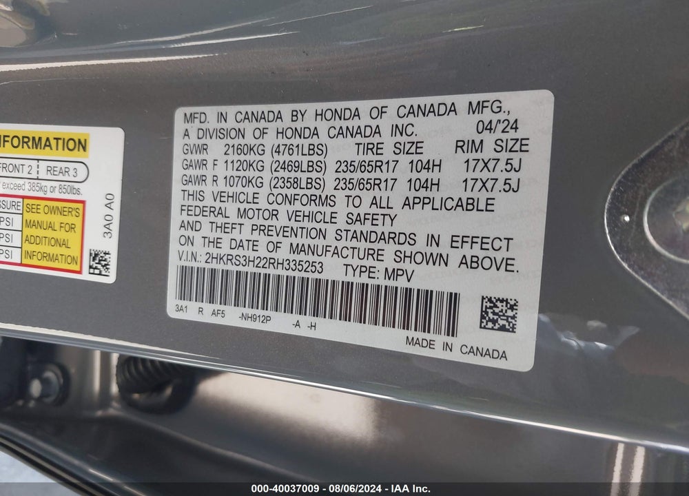 2024 HONDA CR-V LX 2WD VIN: 2HKRS3H22RH335253