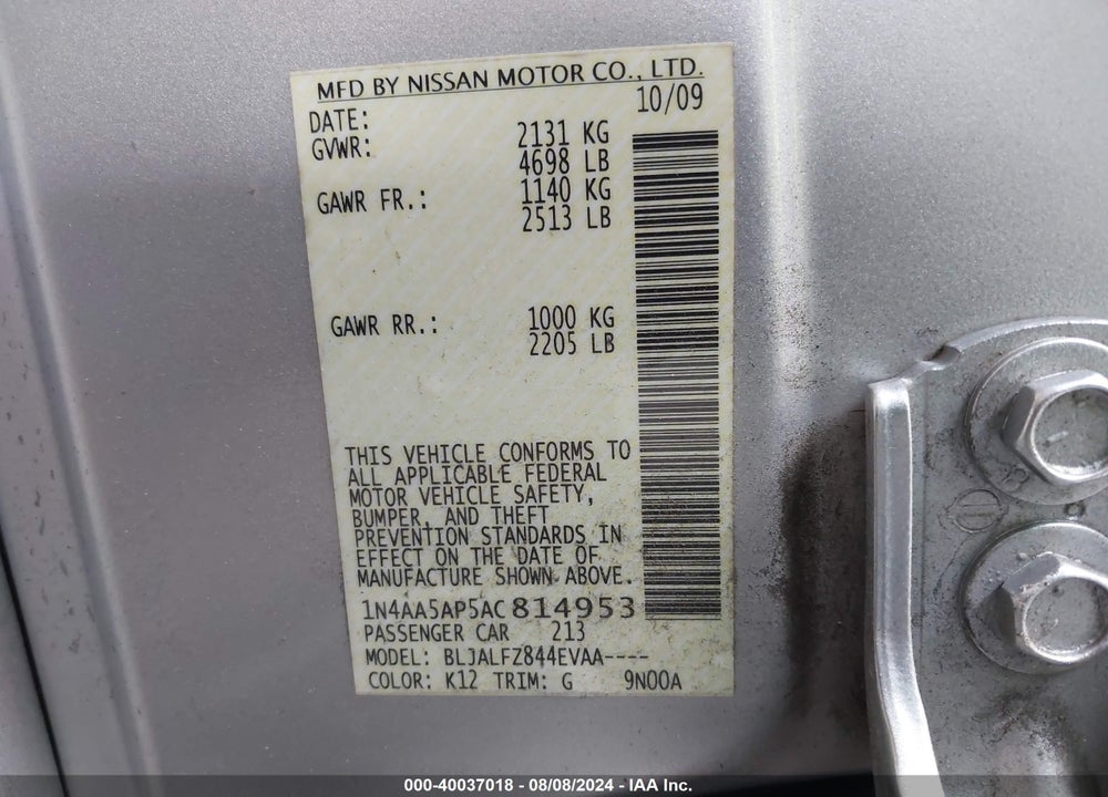 2010 NISSAN MAXIMA 3.5 SV VIN: 1N4AA5AP5AC814953