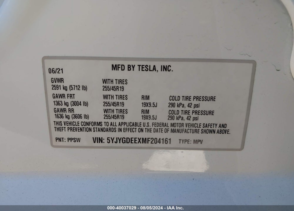 2021 TESLA MODEL Y VIN: 5YJYGDEEXMF204161
