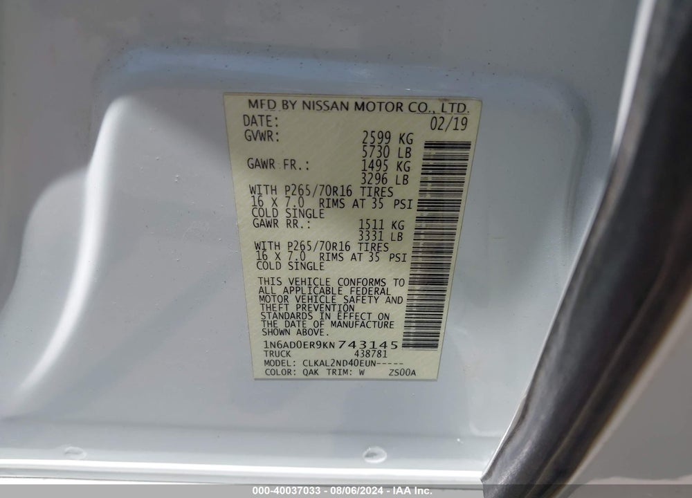 2019 NISSAN FRONTIER SV VIN: 1N6AD0ER9KN743145