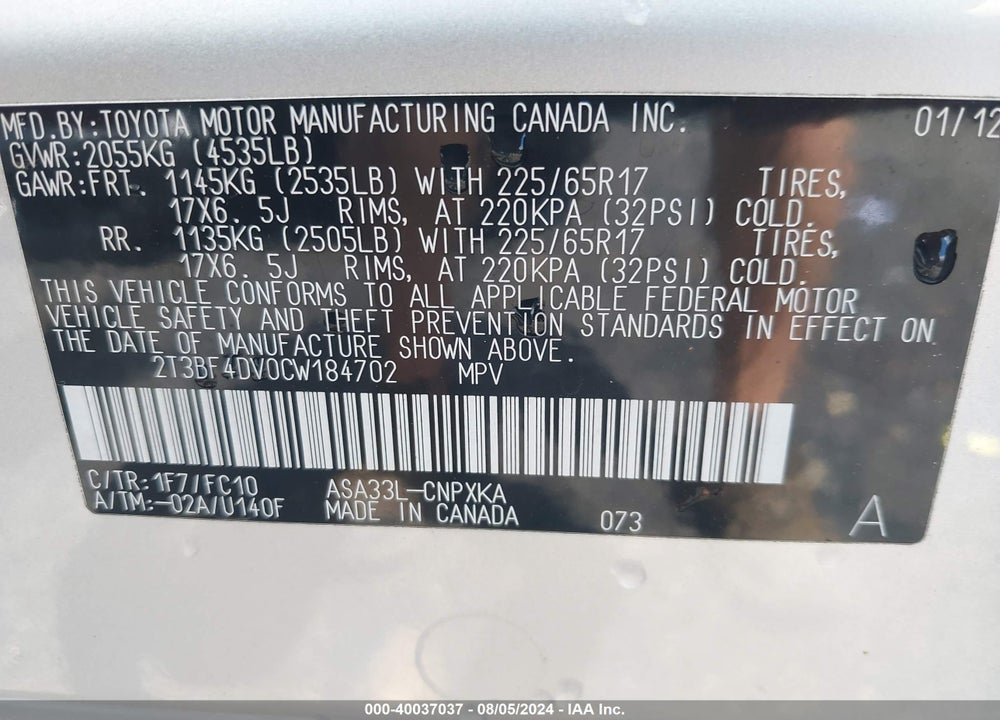 2012 TOYOTA RAV4 VIN: 2T3BF4DV0CW184702