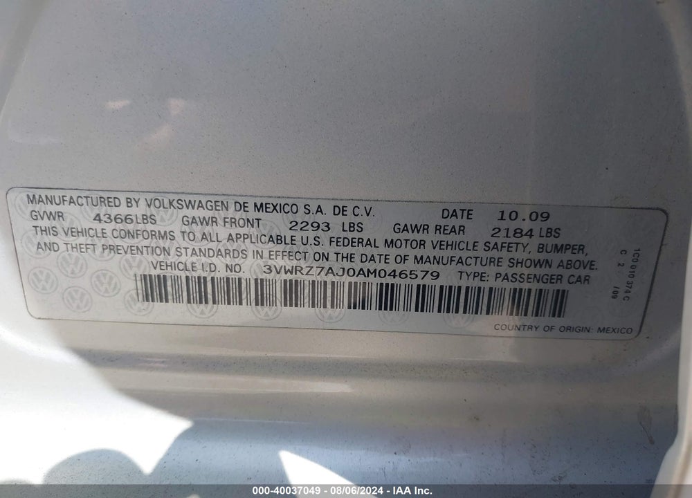 2010 VOLKSWAGEN JETTA SE VIN: 3VWRZ7AJ0AM046579