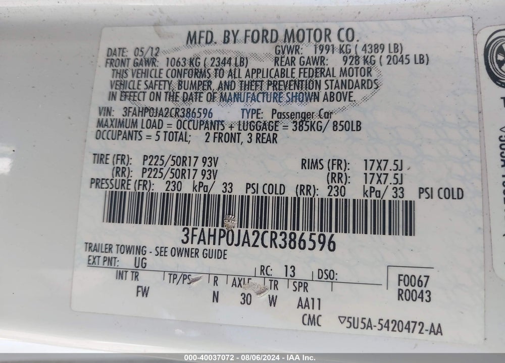 2012 FORD FUSION SEL VIN: 3FAHP0JA2CR386596