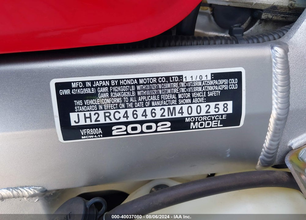 2002 HONDA VFR800 A VIN: JH2RC46462M400258