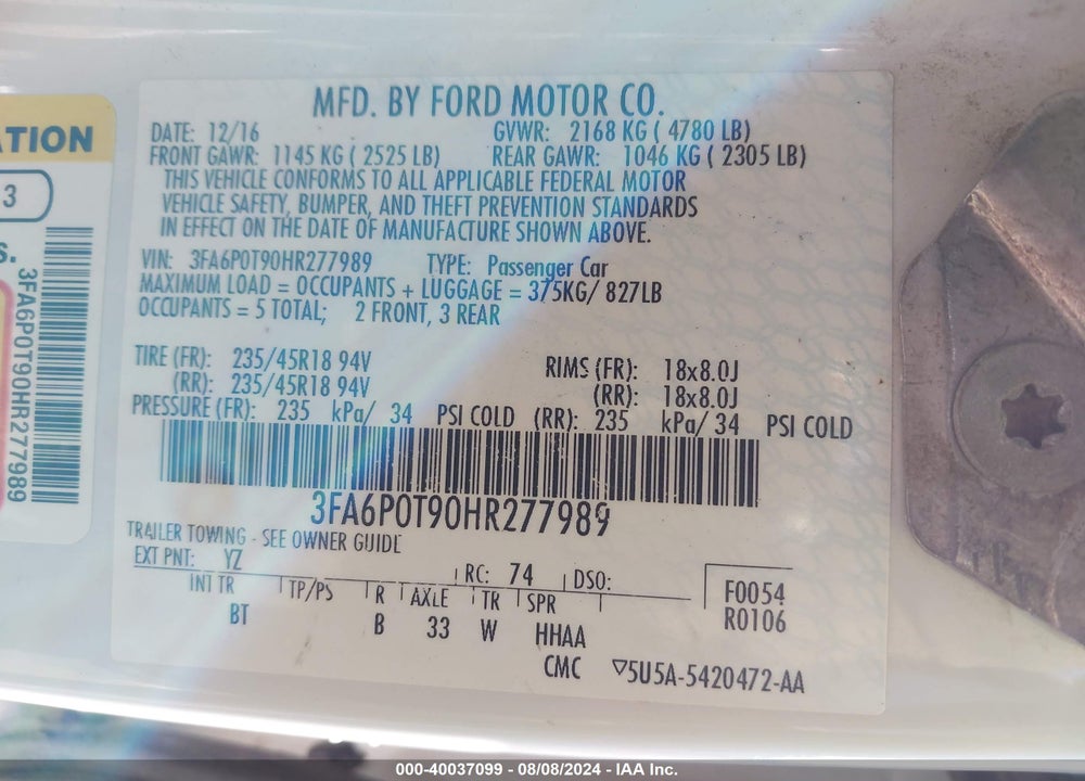 2017 FORD FUSION SE VIN: 3FA6P0T90HR277989