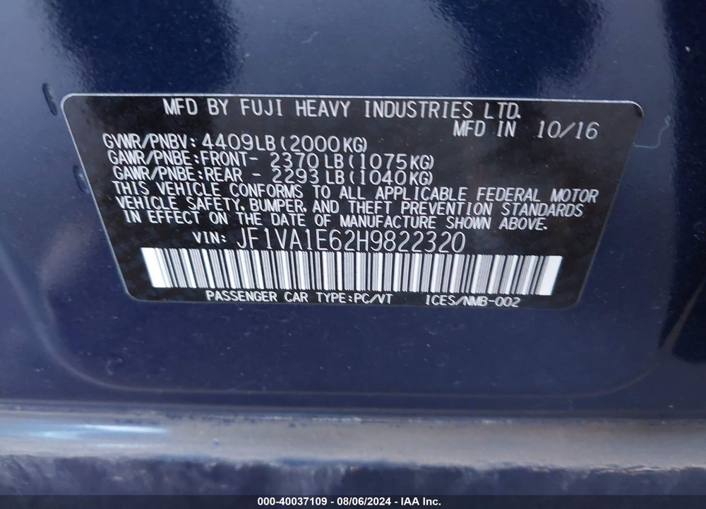 2017 SUBARU WRX PREMIUM VIN: JF1VA1E62H9822320