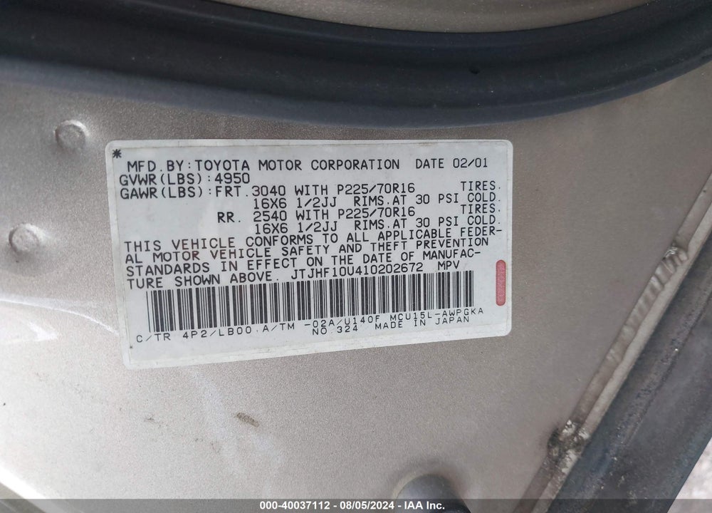 2001 LEXUS RX 300 VIN: JTJHF10U410202672
