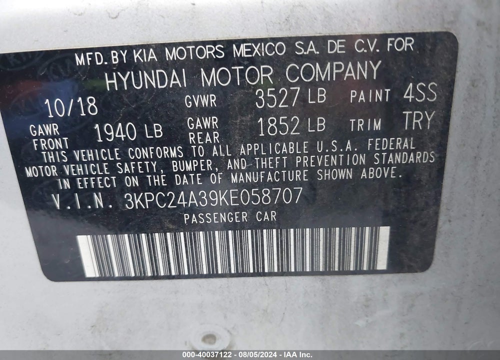 2019 HYUNDAI ACCENT SE VIN: 3KPC24A39KE058707