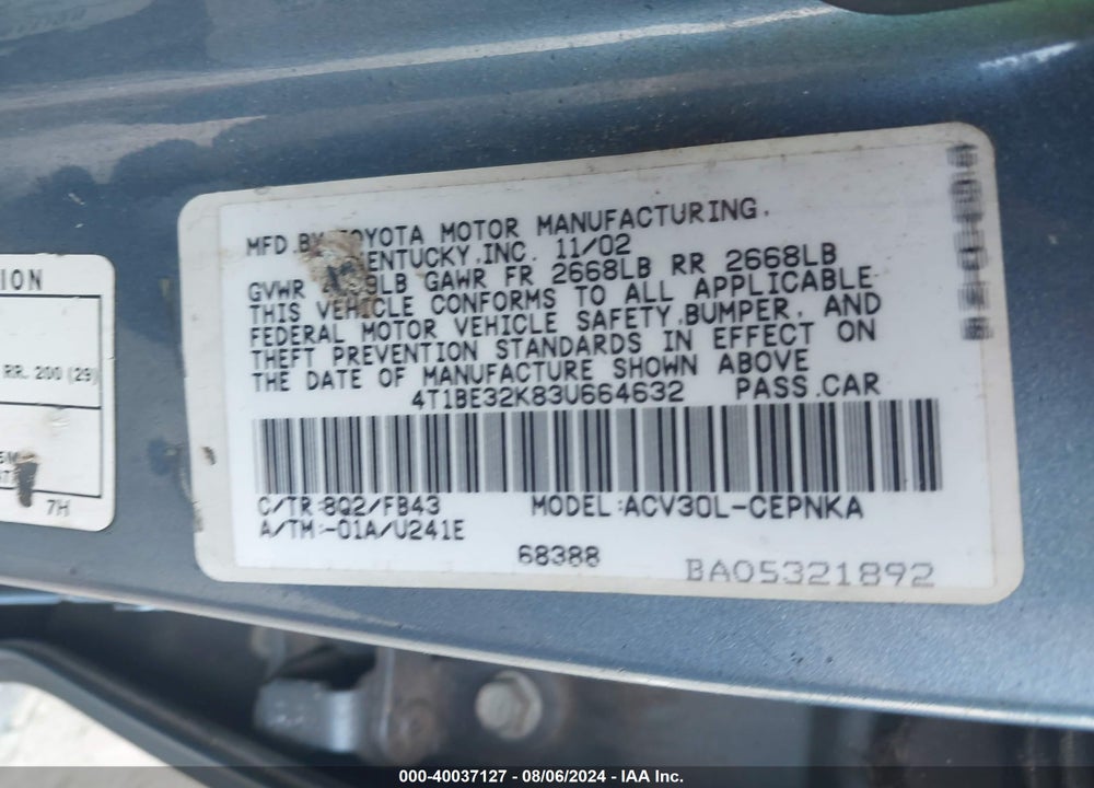 2003 TOYOTA CAMRY LE VIN: 4T1BE32K83U664632