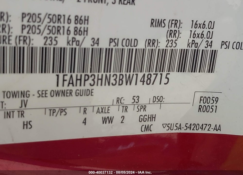 2011 FORD FOCUS SEL VIN: 1FAHP3HN3BW148715
