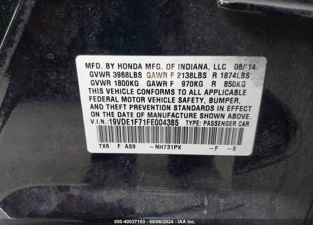 2015 ACURA ILX 2.0L VIN: 19VDE1F71FE004385