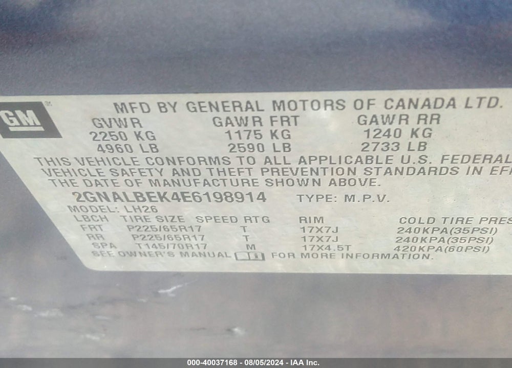 2014 CHEVROLET EQUINOX 1LT VIN: 2GNALBEK4E6198914