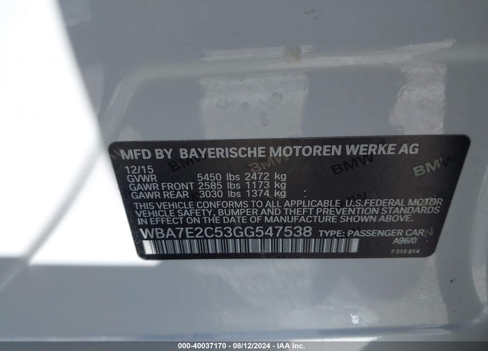 2016 BMW 740I VIN: WBA7E2C53GG547538