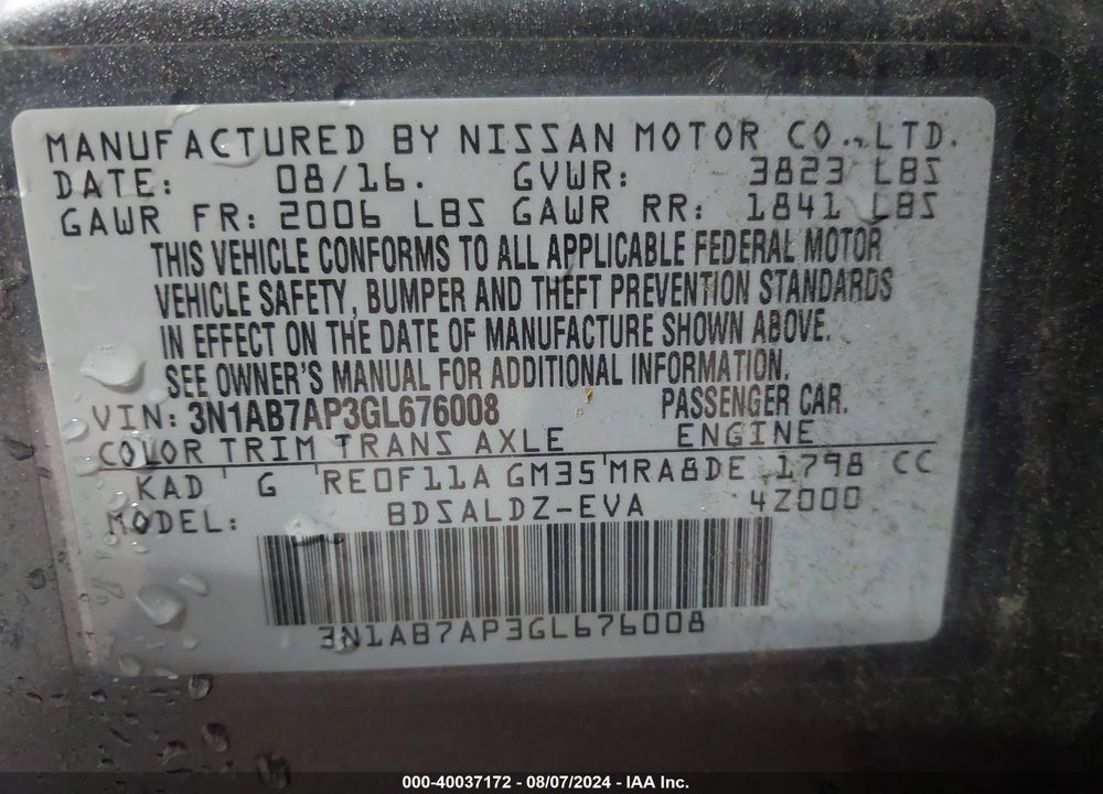 2016 NISSAN SENTRA SV VIN: 3N1AB7AP3GL676008
