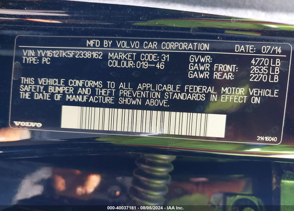 2015 VOLVO S60 T5 PREMIER VIN: YV1612TK5F2338162