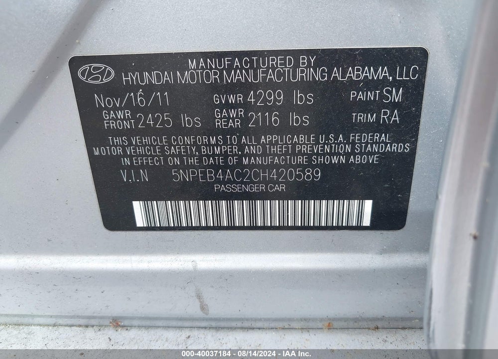 2012 HYUNDAI SONATA GLS VIN: 5NPEB4AC2CH420589