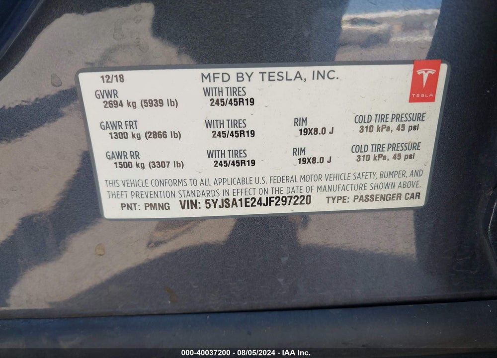 2018 TESLA MODEL S 100D/75D/P100D VIN: 5YJSA1E24JF297220
