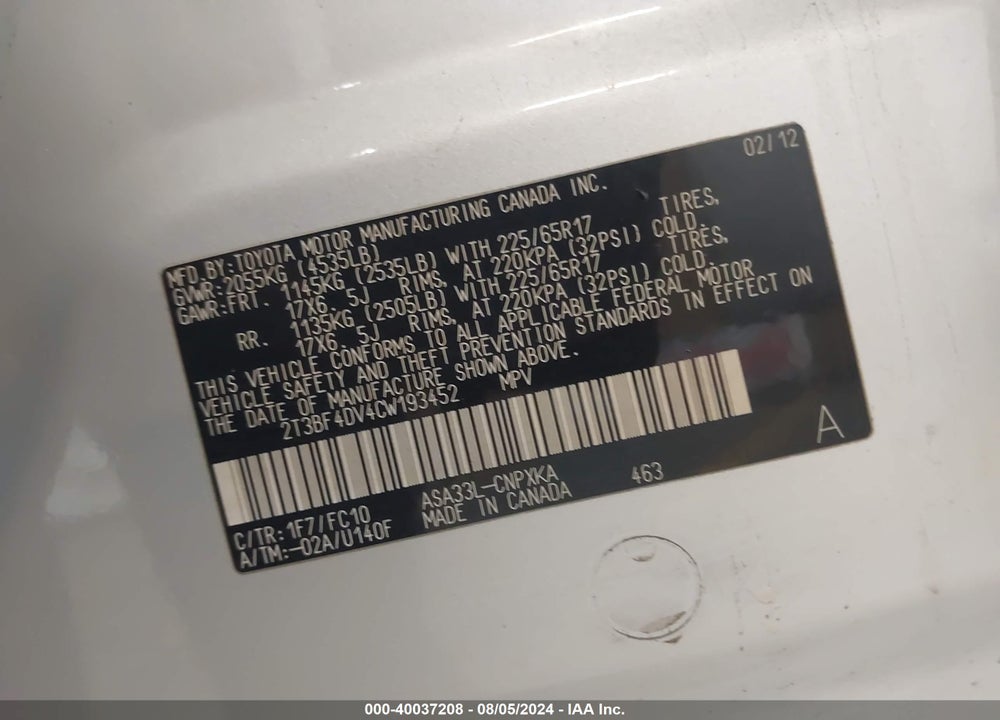 2012 TOYOTA RAV4 VIN: 2T3BF4DV4CW193452