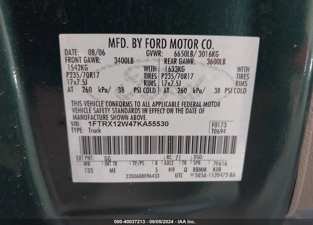 2007 FORD F-150 STX/XL/XLT VIN: 1FTRX12W47KA55530