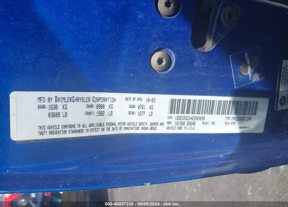 2004 DODGE NEON SXT VIN: 1B3ES56CX4D545038
