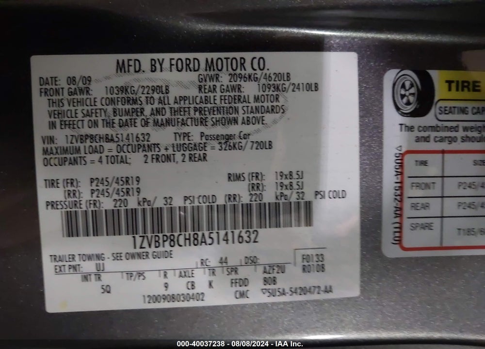 2010 FORD MUSTANG GT PREMIUM VIN: 1ZVBP8CH8A5141632