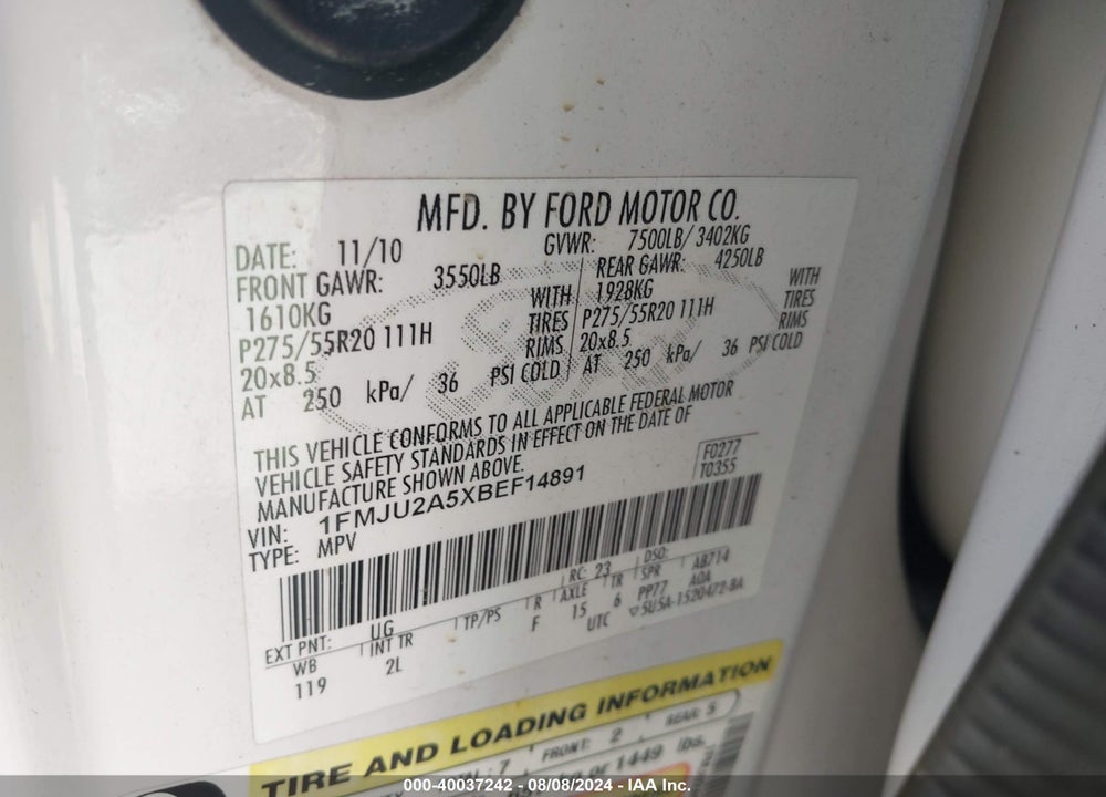 2011 FORD EXPEDITION LIMITED VIN: 1FMJU2A5XBEF14891