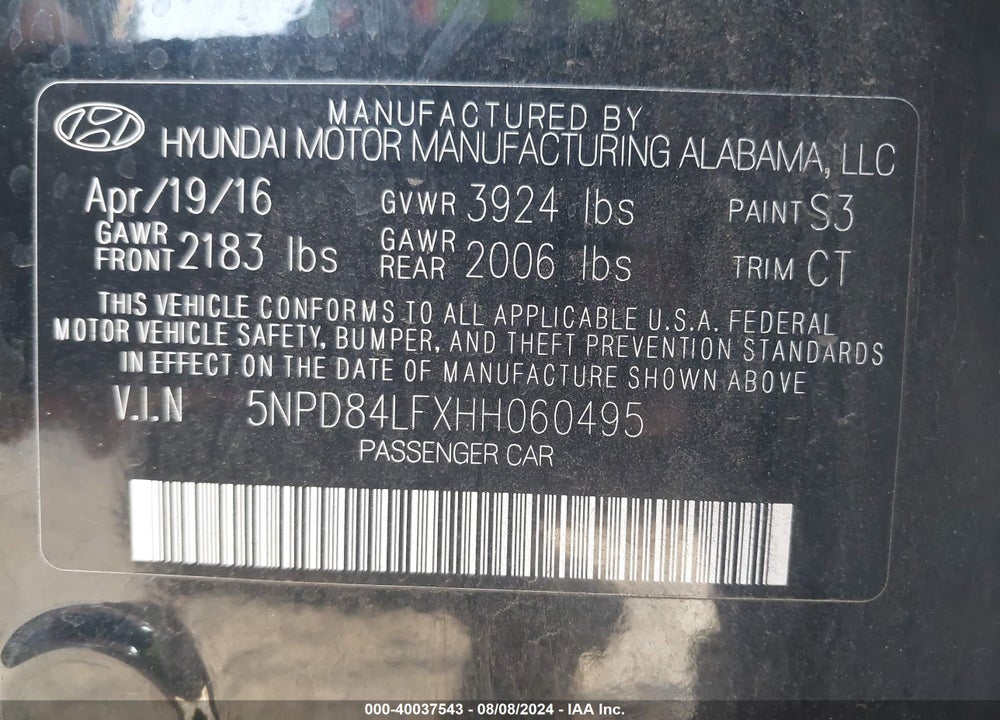 2017 HYUNDAI ELANTRA LIMITED VIN: 5NPD84LFXHH060495