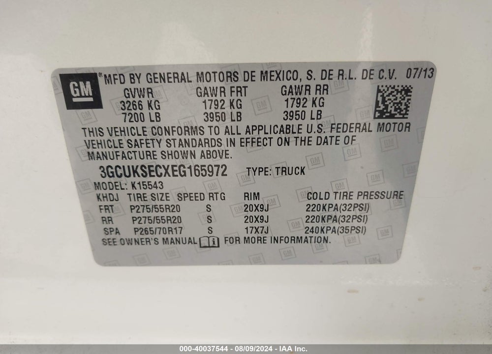 2014 CHEVROLET SILVERADO 1500 2LZ VIN: 3GCUKSECXEG165972
