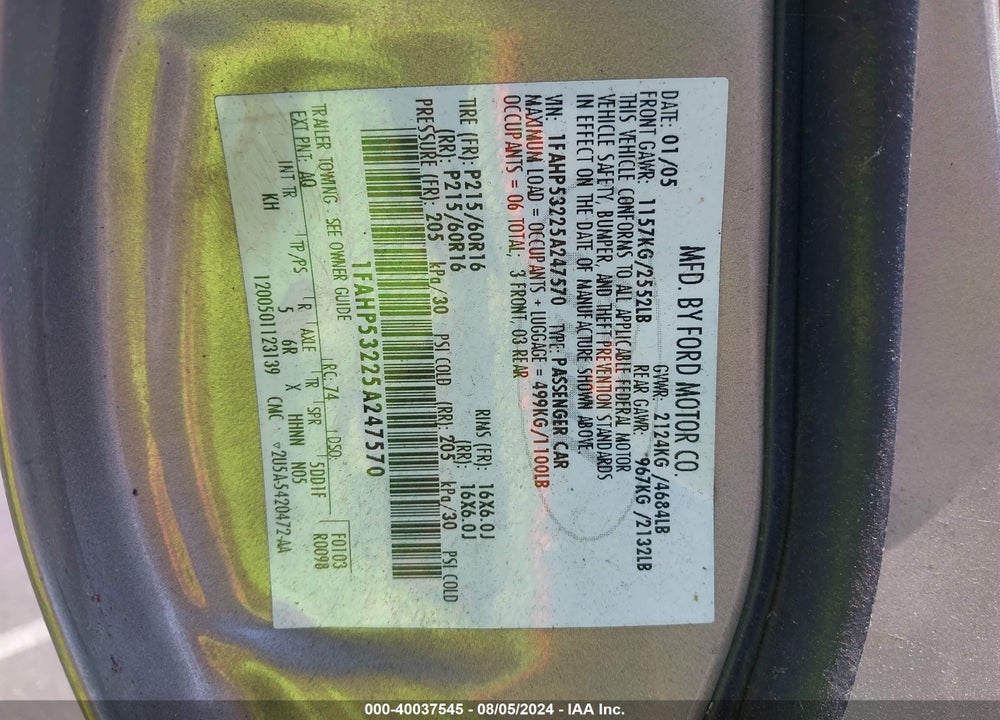 2005 FORD TAURUS SE VIN: 1FAHP53225A247570