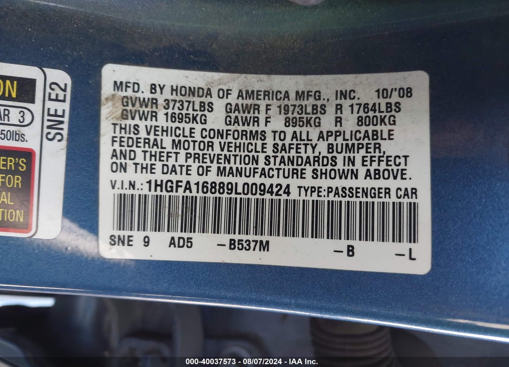 2009 HONDA CIVIC EX VIN: 1HGFA16889L009424