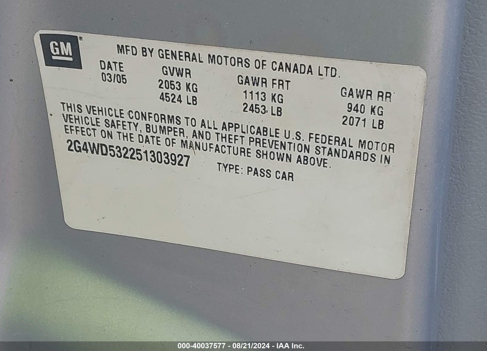 2005 BUICK LACROSSE CXL VIN: 2G4WD532251303927