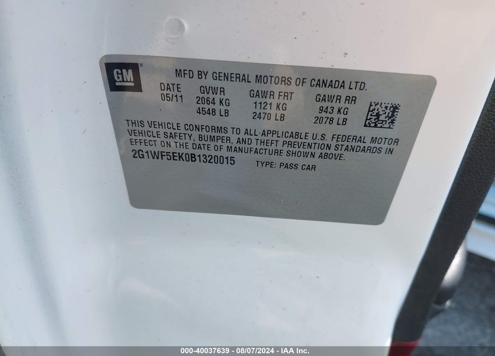 2011 CHEVROLET IMPALA LS VIN: 2G1WF5EK0B1320015
