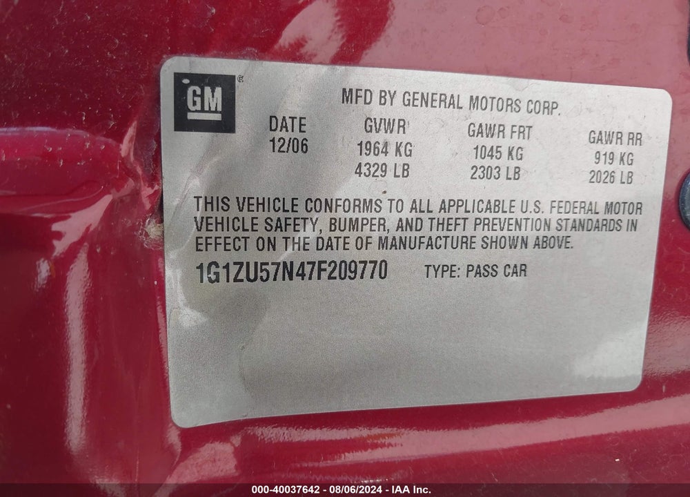 2007 CHEVROLET MALIBU LTZ VIN: 1G1ZU57N47F209770