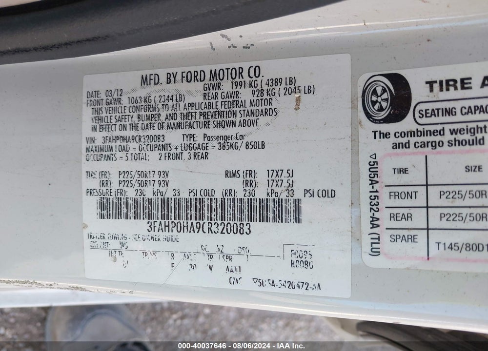 2012 FORD FUSION SE VIN: 3FAHP0HA9CR320083