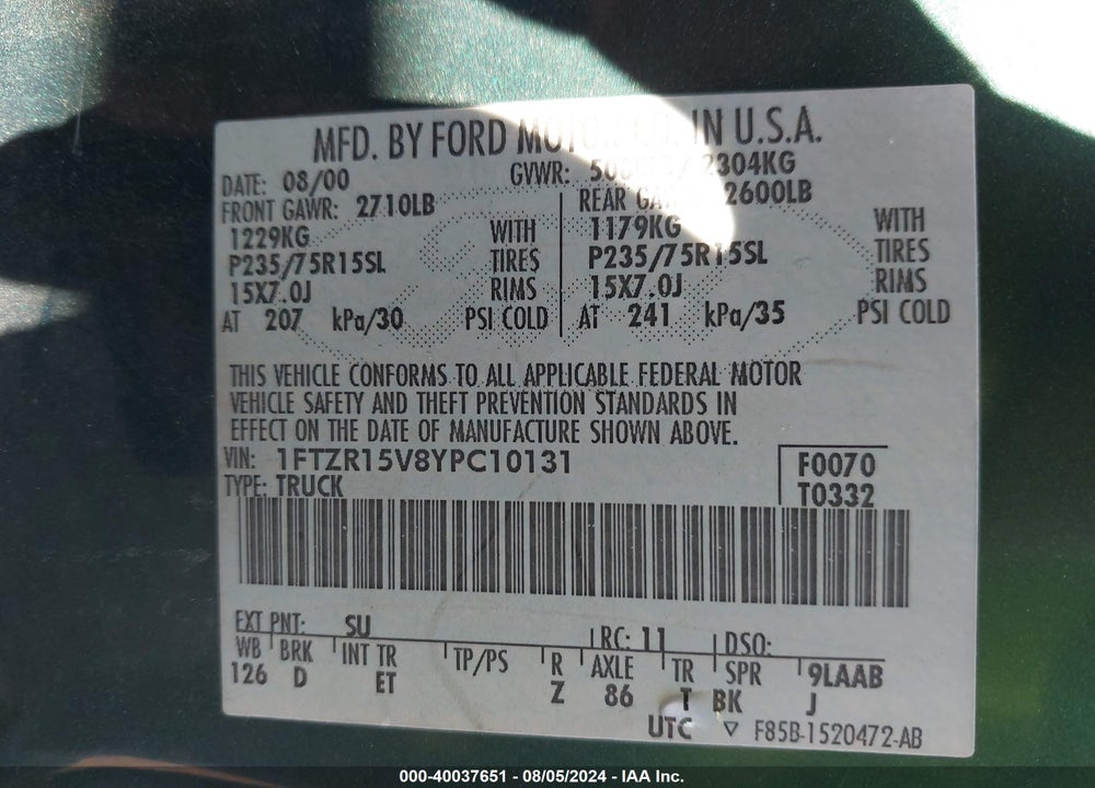 2000 FORD RANGER XL/XLT VIN: 1FTZR15V8YPC10131