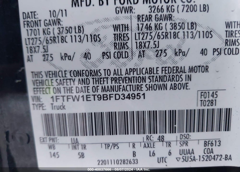 2011 FORD F-150 FX4 VIN: 1FTFW1ET9BFD34951