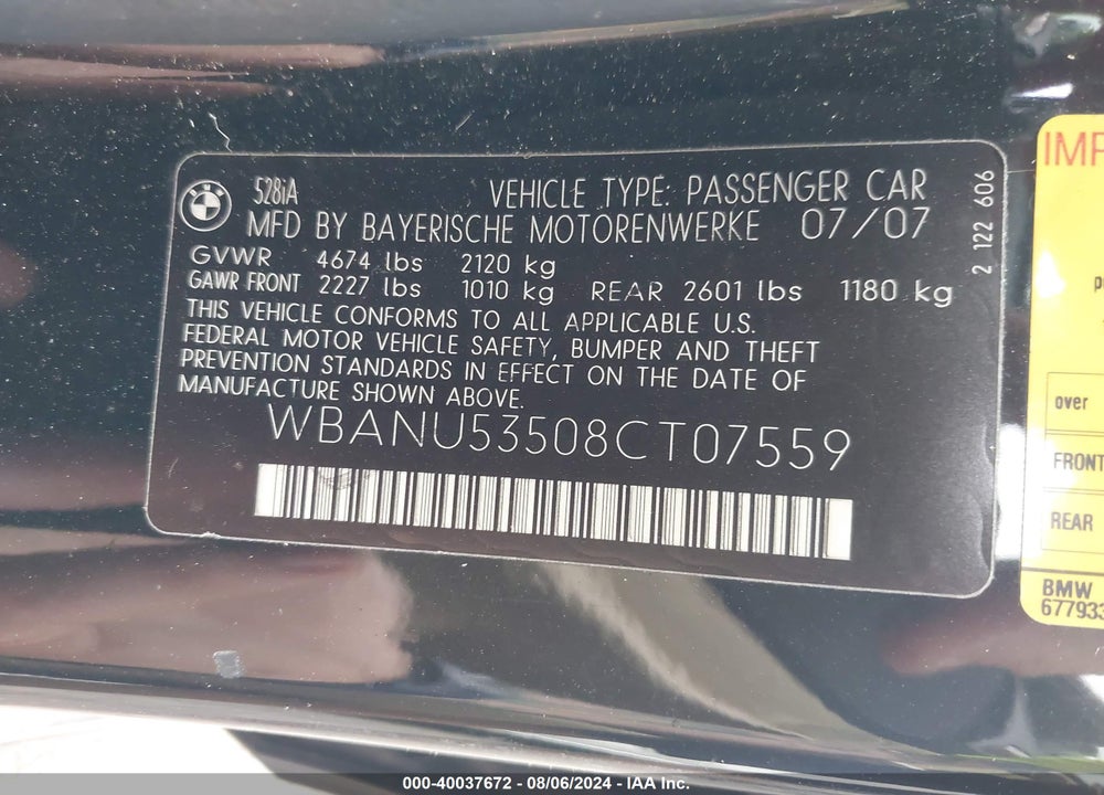 2008 BMW 528I VIN: WBANU53508CT07559