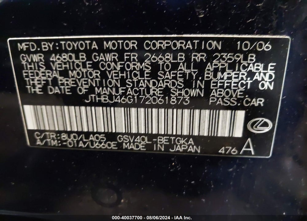 2007 LEXUS ES 350 VIN: JTHBJ46G172061873